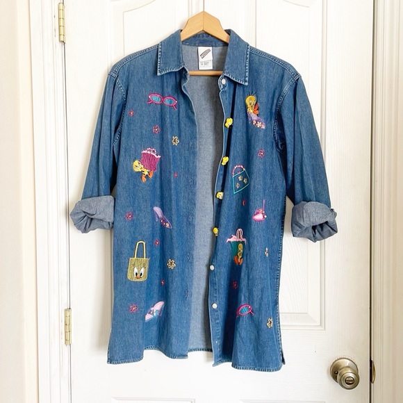 Vintage Tweety Bird Looney Tunes Cartoon Embroidered Denim Shirt Size S - Picture 2 of 11